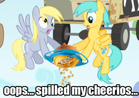 Size: 468x329 | Tagged: source needed, safe, edit, edited screencap, ponibooru import, screencap, derpy hooves, sunshower raindrops, pegasus, pony, feeling pinkie keen, caption, cereal, cheerios, duo, female, flying, food, gyro bowl, image macro, mare, open mouth, spill, spread wings, text, wings