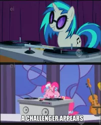 Size: 600x738 | Tagged: safe, edit, edited screencap, ponibooru import, screencap, pinkie pie, vinyl scratch, earth pony, pony, unicorn, the best night ever, caption, cello, duo, eyes closed, female, hub logo, mare, musical instrument, open mouth, smiling, turntable