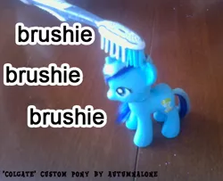Size: 521x423 | Tagged: photographer needed, source needed, safe, artist:autumnalone, ponibooru import, minuette, earth pony, pony, brushie, custom, equestria (font), female, irl, irl photo, mare, meme, photo, solo, toothbrush, toy