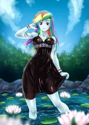Size: 1240x1754 | Tagged: safe, artist:yuichi-tyan, rainbow dash, equestria girls, breasts, cleavage, clothes, commission, digital art, dress, female, rainbow dash always dresses in style, solo, wet dress, ych result, your character here
