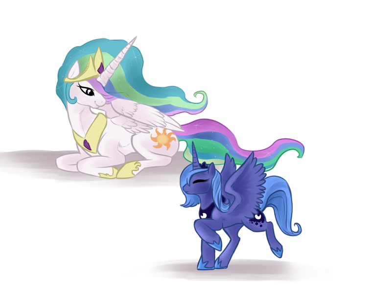 Size: 1067x845 | Tagged: safe, artist:qwert5, ponibooru import, princess celestia, princess luna, alicorn, pony, duo, female, mare, prancing, prone, s1 luna, siblings, simple background, sisters, smiling, white background