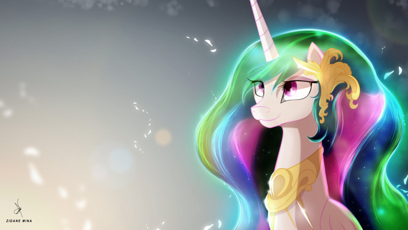 Size: 3840x2160 | Tagged: safe, artist:zidanemina, princess celestia, alicorn, pony, 4k, abstract background, bust, cute, cutelestia, smiling, solo, wallpaper