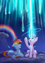 Size: 2856x3962 | Tagged: safe, alternate version, artist:xbi, rainbow dash, starlight glimmer, pegasus, pony, unicorn, backwards cutie mark, cloud, duo, feather, high res, looking up, magic, magic overload, night, on a cloud, rain, rainbow, shocked, shocked expression, shooting star, sitting, sitting on cloud, sky, stars