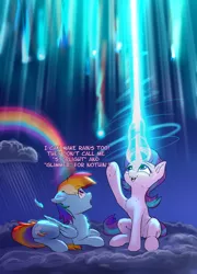 Size: 2856x3962 | Tagged: safe, artist:xbi, rainbow dash, starlight glimmer, pegasus, pony, unicorn, backwards cutie mark, cloud, dialogue, duo, feather, high res, looking up, magic, magic overload, night, on a cloud, rain, rainbow, shocked, shocked expression, shooting star, sitting, sitting on cloud, sky, stars