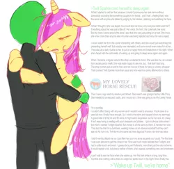 Size: 1923x1873 | Tagged: safe, artist:tiffortat, part of a set, oc, oc:anon, oc:twill, pony, /mlp/, bootleg, bootleg oc, bootleg pony, bootleg twilight, feels, female, greentext, holding a pony, image, mare, my lovely horse, png, simple background, sleeping, text, white background