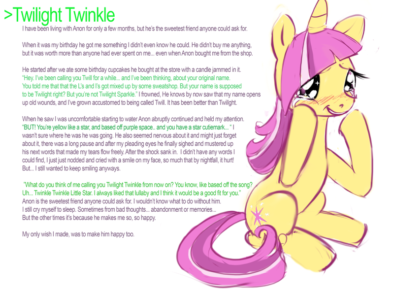 Size: 1277x947 | Tagged: safe, artist:tiffortat, part of a set, oc, oc:twill, blushing, bootleg, bootleg oc, bootleg pony, bootleg twilight, feels, female, image, mare, /mlp/, png, raised hoof, simple background, sitting, smiling, solo, teary eyes, text, white background