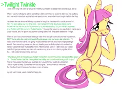 Size: 1277x947 | Tagged: safe, artist:tiffortat, part of a set, oc, oc:twill, blushing, bootleg, bootleg oc, bootleg pony, bootleg twilight, feels, female, image, mare, /mlp/, png, raised hoof, simple background, sitting, smiling, solo, teary eyes, text, white background