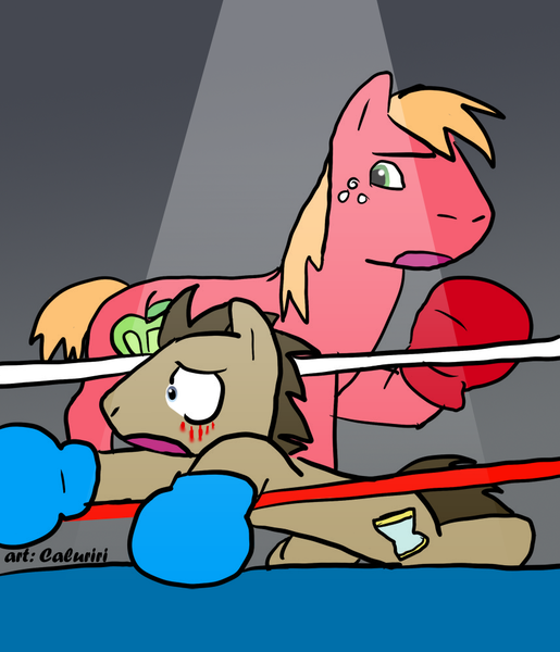 Size: 858x1000 | Tagged: safe, artist:caluriri, ponibooru import, big macintosh, doctor whooves, time turner, pony, boxing, boxing gloves, boxing ring, duo, male, sports, stallion