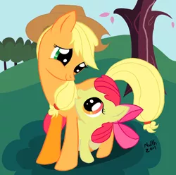 Size: 1000x991 | Tagged: safe, artist:nullh, ponibooru import, apple bloom, applejack, earth pony, pony, cute, female, filly, mare, outdoors, siblings, sisters, smiling