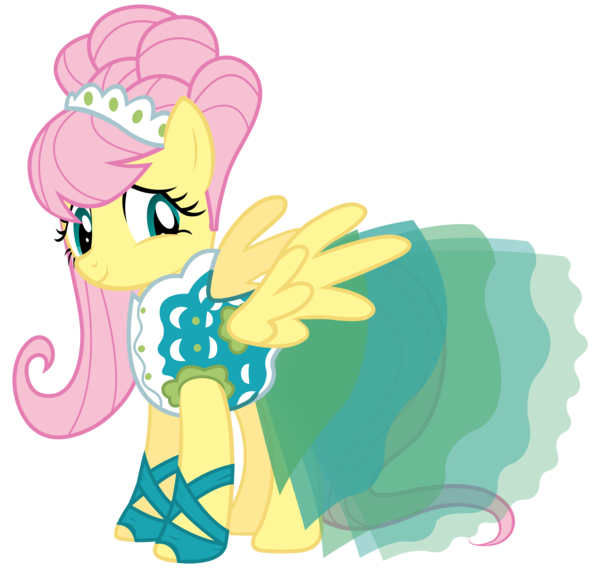 Size: 600x568 | Tagged: safe, artist:mihaaaa, ponibooru import, fluttershy, pegasus, pony, clothes, dress, female, gala dress, mare, simple background, smiling, solo, transparent background