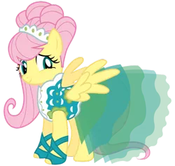 Size: 600x568 | Tagged: safe, artist:mihaaaa, ponibooru import, fluttershy, pegasus, pony, clothes, dress, female, gala dress, mare, simple background, smiling, solo, transparent background