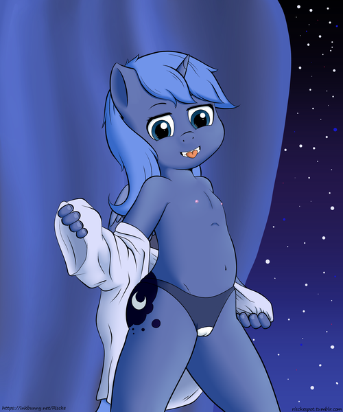 Size: 2000x2400 | Tagged: questionable, artist:riscke, banned from derpibooru, princess luna, alicorn, anthro, breasts, clothes, delicious flat chest, female, lolicon, night, panties, tongue out, underage, underwear, undressing, woona, young, younger