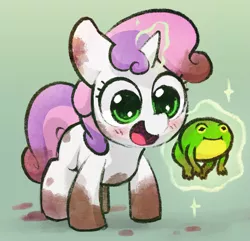 Size: 1187x1145 | Tagged: safe, artist:dawnfire, edit, sweetie belle, frog, pony, unicorn, blushing, cropped, cute, diasweetes, dirty, female, filly, glowing horn, horn, magic, mud, open mouth, smiling, solo, sweetie belle's magic brings a great big smile, telekinesis, weapons-grade cute