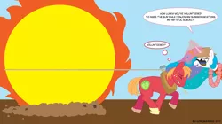 Size: 1752x984 | Tagged: safe, artist:gonzahermeg, ponibooru import, big macintosh, princess celestia, alicorn, earth pony, pony, dialogue, dragging, duo, female, magic, male, mare, outdoors, stallion, sun, sweat, thought bubble, trollestia