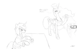 Size: 1500x947 | Tagged: safe, artist:lunarapologist, ponibooru import, princess celestia, princess luna, alicorn, pony, apron, bathrobe, clothes, coffee, cooking, duo, female, food, hilarious in hindsight, mare, messy mane, pancakes, raised hoof, robe, s1 luna, siblings, simple background, sisters, smiling, tired, white background