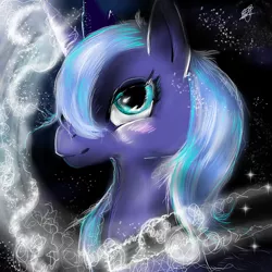 Size: 900x900 | Tagged: safe, artist:ghostwolfen, ponibooru import, princess luna, alicorn, pony, bust, female, magic, mare, s1 luna, smiling, solo