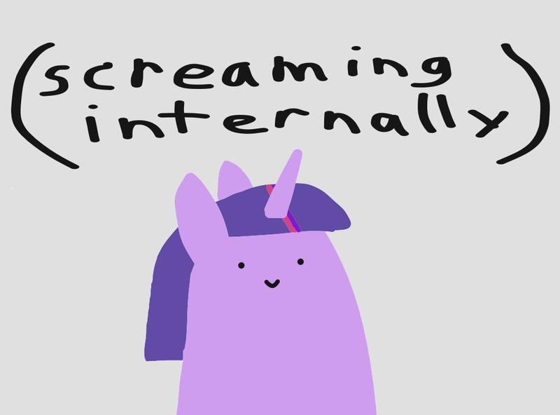 Size: 1059x784 | Tagged: safe, artist:2merr, twilight sparkle, pony, unicorn, /mlp/, 4chan, :), drawn on phone, drawthread, female, gray background, horn, internal screaming, mare, reaction image, screaming, screaming internally, simple background, smiley face, smiling, solo, stylistic suck, text, unicorn twilight