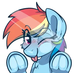 Size: 2452x2374 | Tagged: safe, artist:rileyisherehide, paywalled source, rainbow dash, pony, against glass, blushing, chest fluff, cute, fourth wall, frog (hoof), glass, hoofbutt, hooves, image, looking at you, png, simple background, smiling, solo, tongue out, underhoof, white background, winking at you