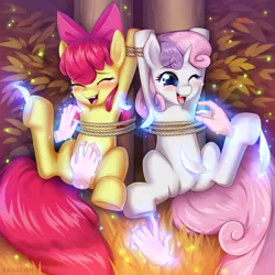 Size: 1280x1280 | Tagged: safe, artist:shoggoth-tan, apple bloom, sweetie belle, earth pony, pony, unicorn, adorabloom, autumn, bloomsub, blushing, bondage, cute, diasweetes, disembodied hand, eyes closed, feather, female, femsub, filly, forest, hand, laughing, magic, magical hands, one eye closed, open mouth, rope, rope bondage, submissive, sweetiesub, tears of laughter, tickle torture, tickling, underhoof