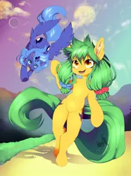 Size: 950x1280 | Tagged: safe, artist:shiratzu, princess luna, oc, oc:sugarsnap, earth pony, semi-anthro, bipedal, both cutie marks, cloud, cloudy, earth pony oc, female, flying, grass, mare, moon, mountain, outdoors, path