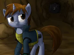 Size: 800x600 | Tagged: safe, artist:acesential, oc, oc:littlepip, unofficial characters only, pony, unicorn, fallout equestria, fanfic, cavern, clothes, fanfic art, female, mare, pipbuck, solo, stable 2, stable door, vault suit