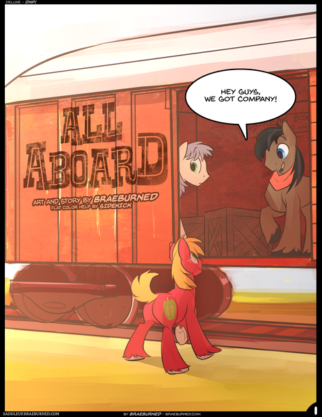 Size: 1256x1626 | Tagged: questionable, artist:braeburned, big macintosh, full steam, john bull, promontory, pony, comic:all aboard, saddle up!, comic, cute, image, male, png, railroad, stallion, stupid sexy promontory