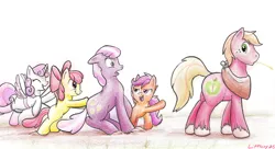 Size: 2450x1335 | Tagged: safe, artist:braeburned, apple bloom, big macintosh, cheerilee, scootaloo, sweetie belle, earth pony, pony, apple bloom the shipper, butt touch, cheerimac, cutie mark crusaders, fake wings, female, hoof on butt, male, pushing, rump push, scootaloo the shipper, shipper on deck, shipping, stallion, straight, sweetie the shipper, traditional art