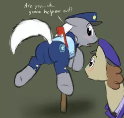 Size: 982x938 | Tagged: suggestive, artist:braeburned, mr. zippy, parcel post, post haste, earth pony, pony, putting your hoof down, blushing, butt, buttstuck, crotch bulge, mailpony, male, males only, plot, stallion, stuck