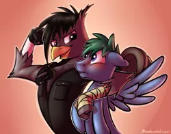 Size: 2000x1565 | Tagged: safe, artist:braeburned, oc, oc:harpy, oc:sabre sparkblaze, unofficial characters only, gryphon, pegasus, pony, blushing, gay, lip bite, male, spread wings, wingboner, wings