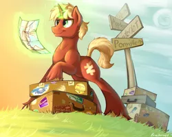 Size: 1600x1277 | Tagged: safe, artist:braeburned, oc, unofficial characters only, pony, unicorn, field, levitation, luggage, luggage stickers, magic, male, map, outdoors, road sign, solo, stallion, suitcase, telekinesis, unshorn fetlocks