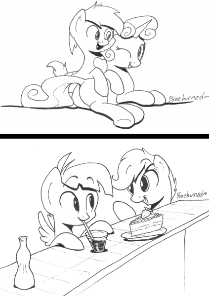 Size: 1300x1844 | Tagged: artist:braeburned, bottle, cake, cuddling, cute, drink, featherweight, female, food, male, monochrome, pipsqueak, punch, safe, scootaloo, scootaweight, shipping, sketch, snuggling, straight, straw, strawberry, sweetie belle, sweetiesqueak, traditional art