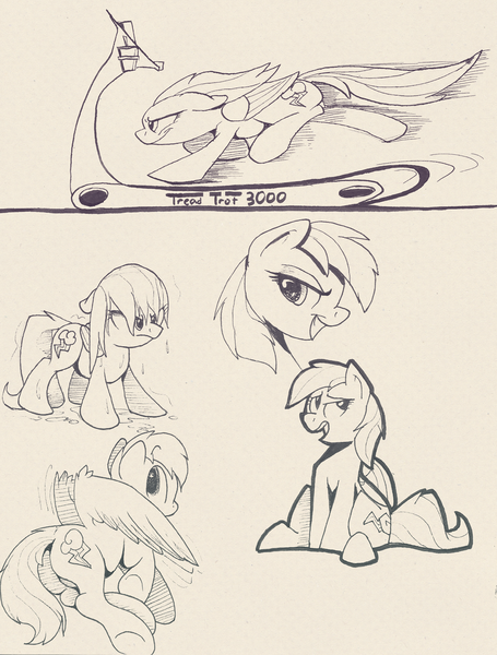 Size: 1653x2181 | Tagged: angry, artist:braeburned, exercise, female, filly, frown, grin, looking back, open mouth, rainbow dash, running, safe, sketch, sketch dump, smiling, solo, traditional art, treadmill, trotting, wet, wet mane