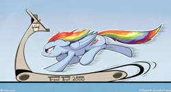 Size: 1000x540 | Tagged: safe, artist:braeburned, rainbow dash, pegasus, pony, action pose, drink, exercise, gotta go fast, running, solo, treadmill