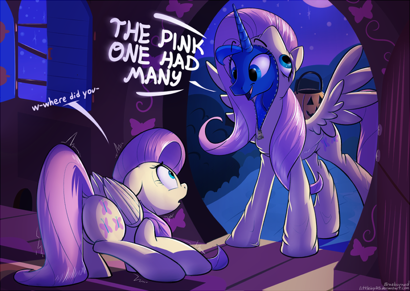 Size: 900x638 | Tagged: safe, artist:braeburned, banned from derpibooru, deleted from derpibooru, fluttershy, princess luna, alicorn, pegasus, pony, adorkable, butt, clothes, costume, cute, dialogue, dock, dork, duo, duo female, eye contact, female, floppy ears, fluttershy suit, frown, halloween, holiday, image, implied pinkie pie, kigurumi, looking at each other, looking at someone, lunabetes, mare, mask, masking, night, nightmare night, open mouth, plot, png, pony costume, ponysuit, scared, shivering, shyabetes, slice of life, smiling, spread wings, tail, the pink one, traditional royal canterlot voice, wide eyes, wings
