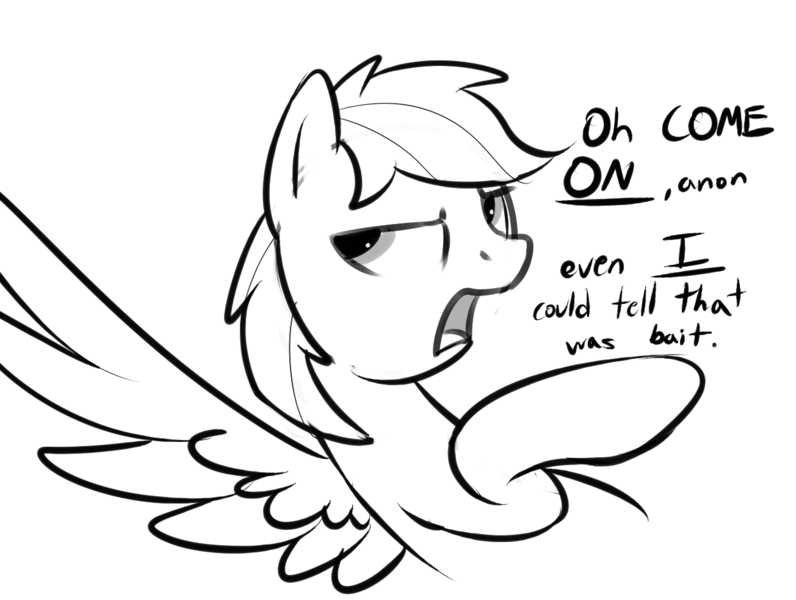 Size: 1304x983 | Tagged: artist:braeburned, monochrome, rainbow dash, reaction image, safe, solo, this is bait