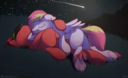 Size: 3400x2081 | Tagged: safe, artist:braeburned, oc, unofficial characters only, earth pony, pegasus, pony, cuddling, cute, eyes closed, floppy ears, gay, grass, high res, male, night, on back, on top, outdoors, piercing, prone, shooting star, sky, sleeping, smiling, snuggling, stars, underhoof