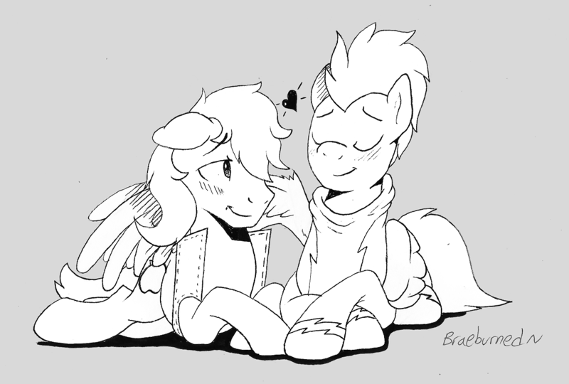 Size: 1280x864 | Tagged: safe, artist:braeburned, braeburn, soarin', pony, gay, heart, hug, lineart, male, monochrome, shipping, soarburn, winghug