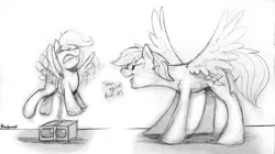 Size: 1024x575 | Tagged: safe, artist:braeburned, rainbow dash, scootaloo, pony, cinder block, grayscale, monochrome, training