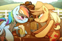Size: 1200x800 | Tagged: safe, artist:braeburned, applejack, rainbow dash, earth pony, pegasus, pony, blushing, cider, competition, contest, cowboy hat, dashaholic, drinking, drinking contest, drunk, drunk aj, drunker dash, duo, eye contact, female, hat, looking at each other, mare, pile, table