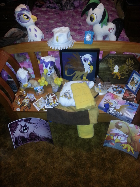 Size: 2448x3264 | Tagged: safe, artist:agatrix, artist:braeburned, gilda, oc, oc:trance sequence, gryphon, pony, autograph, badge, collection, irl, much gilda, patch, photo, plushie, shadowbox, shrine, toy