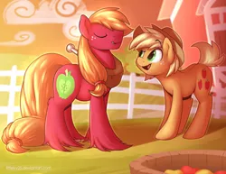 Size: 1200x927 | Tagged: safe, artist:braeburned, applejack, big macintosh, earth pony, pony, alternate hairstyle, brother and sister, cute, eyes closed, fabulous, farm, female, fluffy, grin, male, mane swap, open mouth, outdoors, pixie cut, raised eyebrow, siblings, smiling, smirk, unshorn fetlocks