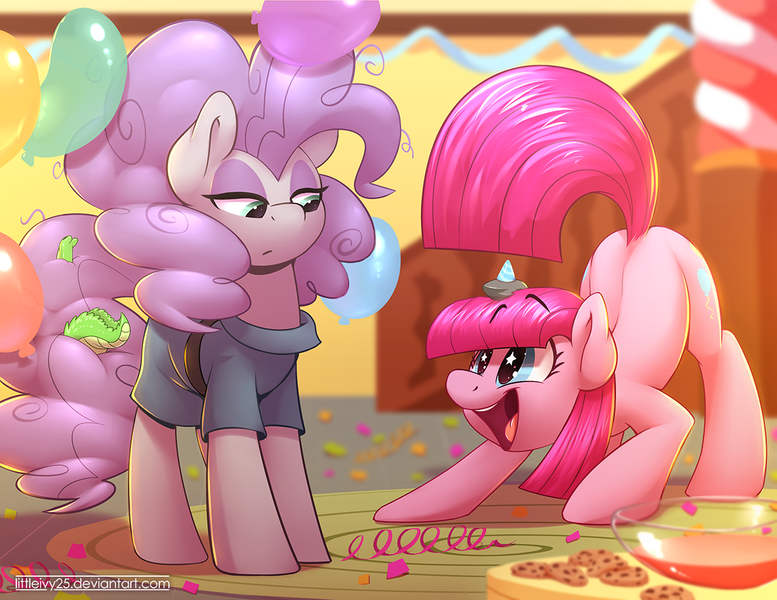 Size: 1200x927 | Tagged: safe, artist:braeburned, boulder (pet), gummy, maud pie, pinkie pie, earth pony, pony, alternate hairstyle, balloon, behaving like a dog, cute, diapinkes, fabulous, face down ass up, female, hairstyle swap, happy, hat, hilarious in hindsight, mane swap, mare, maudabetes, maudie pie, open mouth, party, party hat, pinkamena diane pie, play bow, raised tail, siblings, sisters, smiling, squee, starry eyes, sweet dreams fuel, tail, wingding eyes
