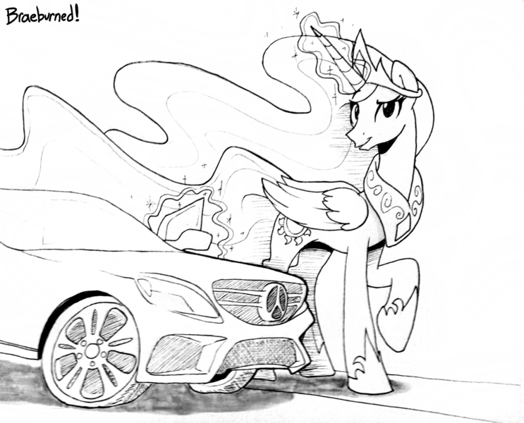 Size: 1280x1034 | Tagged: safe, artist:braeburned, princess celestia, pony, bedroom eyes, car, grayscale, looking at you, magic, mercedes-benz, monochrome, raised hoof, solo, supercar, telekinesis