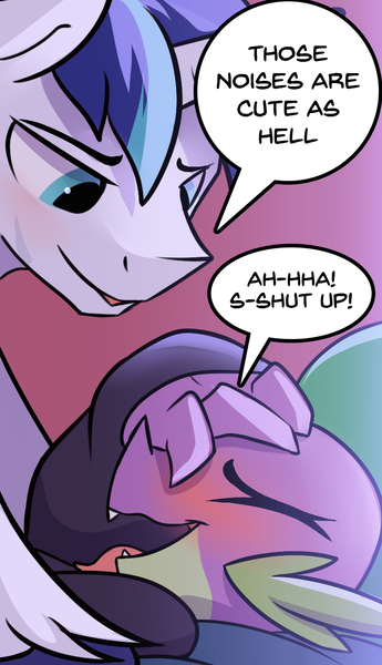 Size: 809x1408 | Tagged: suggestive, artist:braeburned, shining armor, spike, pony, comic:comic relief, saddle up 2: creature comforts, cropped, gay, implied sex, infidelity, male, shipping, spikemor
