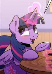 Size: 479x686 | Tagged: safe, artist:braeburned, twilight sparkle, twilight sparkle (alicorn), alicorn, pony, comic:comic relief part 2, blushing, cropped, cute, levitation, looking away, magic, open mouth, sitting, smiling, solo, suggestive source, telekinesis, twiabetes, underhoof