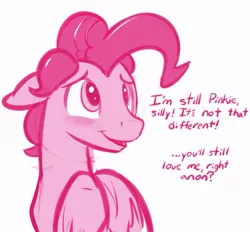 Size: 1001x929 | Tagged: safe, artist:braeburned, pinkie pie, earth pony, pony, adoraberry, bubble berry, cute, dialogue, feels, floppy ears, implied anon, implied gay, male, rule 63, rule63betes, simple background, sketch, smiling, solo, speech bubble, stallion, white background