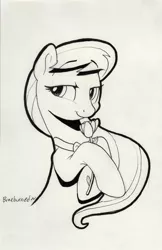 Size: 1650x2550 | Tagged: safe, artist:braeburned, octavia melody, earth pony, pony, bedroom eyes, black and white, flower, grayscale, lidded eyes, looking at you, monochrome, rose, sketch, smiling, traditional art