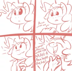 Size: 2019x2000 | Tagged: safe, artist:braeburned, banned from derpibooru, edit, pinkie pie, oc, oc:anon, earth pony, human, pony, comic:pinkie pie sleepover quest, blushing, comic, cropped, cute, dialogue, diapinkes, explicit source, eyes closed, female, image, laughing, mare, monochrome, png, simple background, white background
