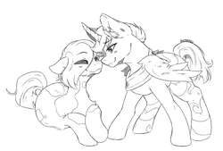 Size: 970x655 | Tagged: alicorn, alicorn oc, artist:shiratzu, blushing, duo, female, horn, laying on stomach, male, mare, monochrome, oc, safe, shipping, sketch, stallion, standing, straight, unnamed oc, unofficial characters only, wings
