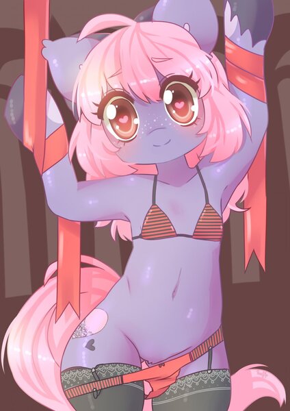 Size: 905x1280 | Tagged: suggestive, artist:proofme, oc, unofficial characters only, earth pony, pony, semi-anthro, bipedal, blushing, bondage, bra, clothes, cute, featureless crotch, female, heart, heart eyes, lace, leggings, lingerie, mare, panties, ribbon, smiling, solo, solo female, underwear, undressing, wingding eyes